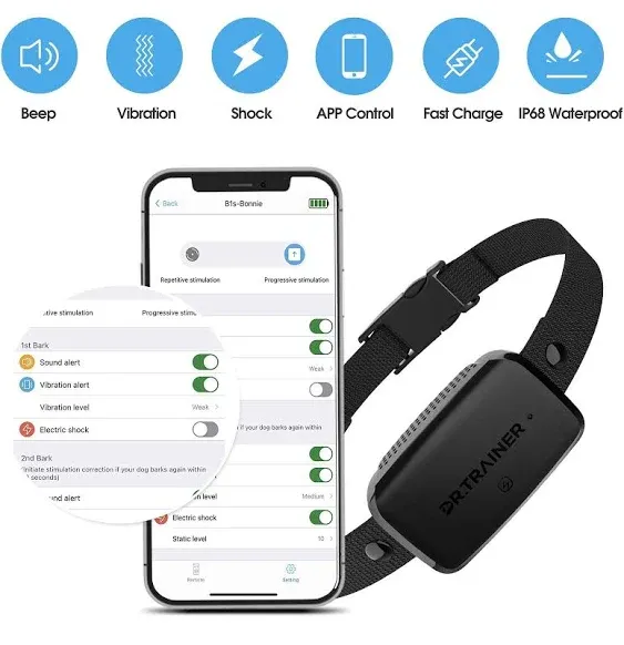 Dr.Trainer Dog Barking Shock Collar with App Control, Waterproof Bark Collar with Custom Auto Intelligent Progressive Mode, Safe and Humane