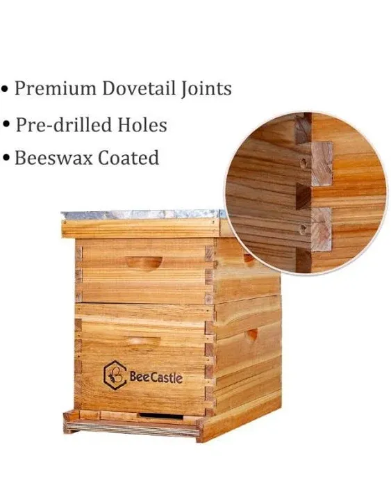 BeeCastle 10-Frames Complete Beehive Kit, 100% Beeswax Coated Bee Hive includ...