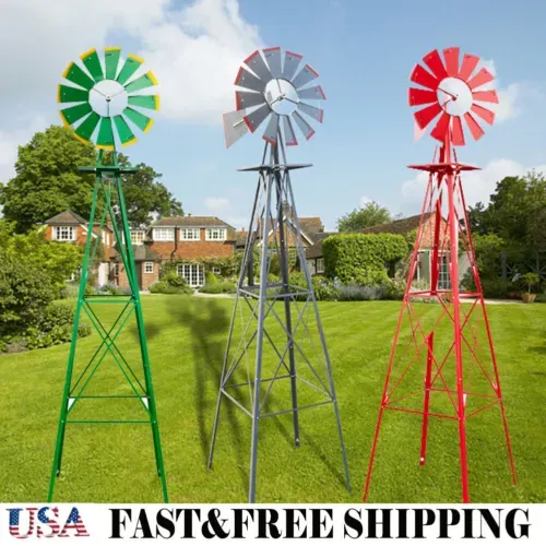 8FT Windmill Yard Garden Heavy Duty Metal Decoration Wind Mill Weather Vane NEW