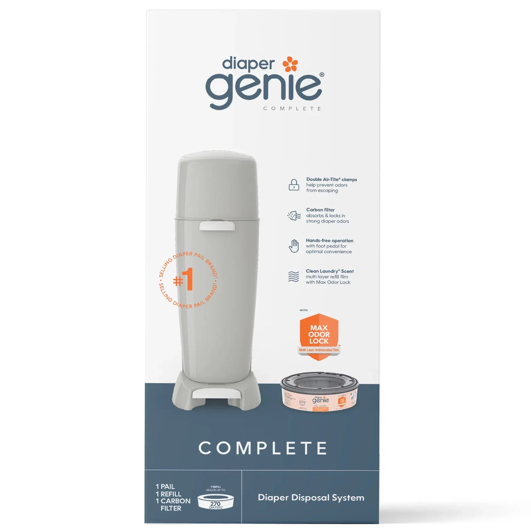 Diaper Genie Complete Pail, Gray,Includes 1 Diaper Pail,1 Round Refill-270 Ct,1 Filter