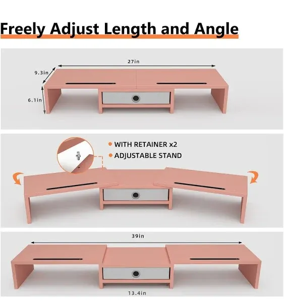 Dual 3 Shelf Computer Riser with Drawer, Adjustable Length and Angle, Desktop...