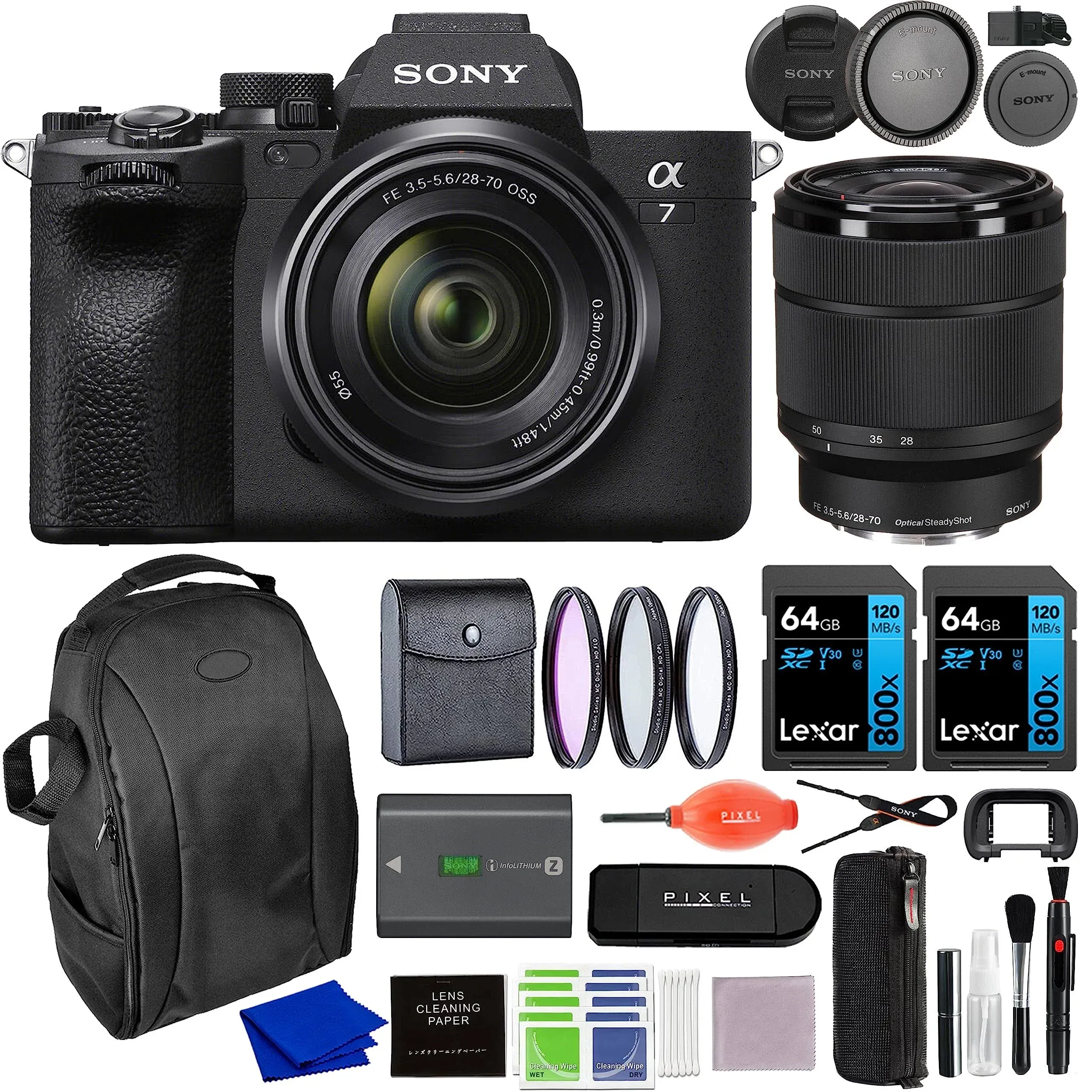 Sony A7 IV Mirrorless Digital Camera with 28-70mm Lens Bundle with Backpack, 2 x 64gb SDXC Memory Card, 3 PC Filter Kit | Sony Alpha 7 IV