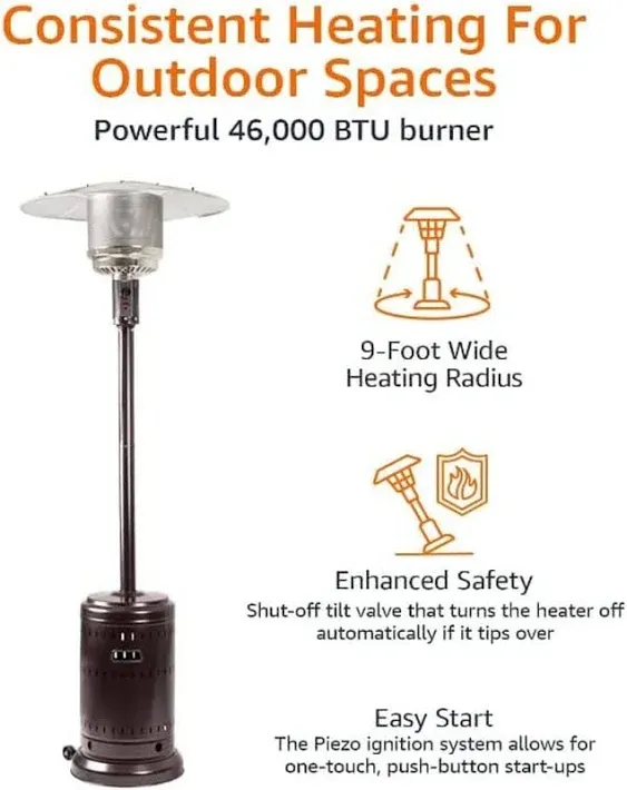 46,000 BTU Outdoor Propane Patio Heater with Wheels, Commercial &amp; Residential, H