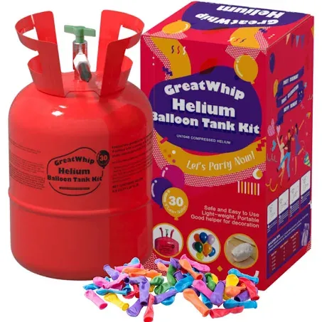 GreatWhip 7L Helium Tank for Balloons At Home Helium Balloon Pump Kit 30 Assorted Latex Balloons and Curling Ribbon Included