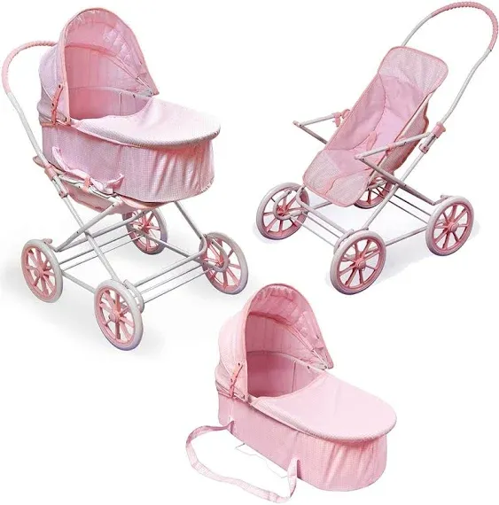 Badger Basket 3-in-1 Doll Pram, Carrier, and Stroller, Pink Gingham