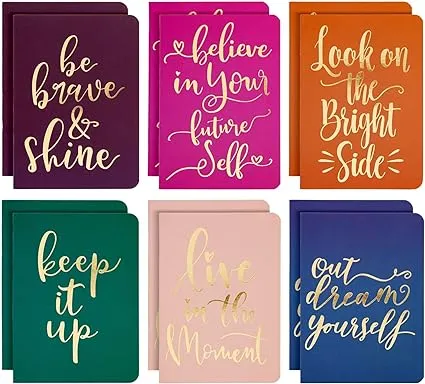 Paper Junkie 12-Pack of Inspirational Notebooks for Women, Writing, Motivation, Small Pocket Journals with 6 Gold Foil Designs, 56 Lined Pages for Diary, Doodling (4x5.6 In)