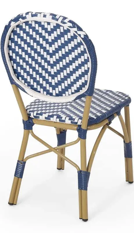 GDFStudio Deshler Outdoor Aluminum French Bistro Chairs, Set of 2, Navy Blue, White, and Bamboo Finish