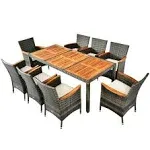 9 Pieces Rattan Patio Dining Set with Acacia Wood Table and Cushioned Chair