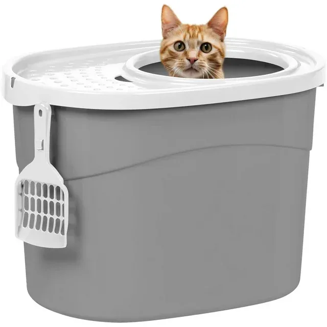 Iris USA Top Entry Cat Litter Box with Scoop Gray/White