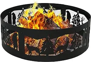 Sunnydaze Forest Wilderness 36-Inch Round Heavy-Duty Steel Fire Pit Ring - 360-Degree Wildlife Cutouts - Black