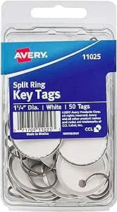 Avery Metal Rim Key Tags, 1.25" Diameter Tag, Metal Split Ring, White, 50 Tags (11025)