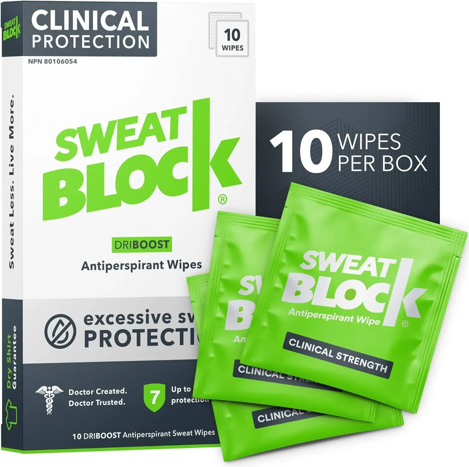 SweatBlock Clinical Strength DRIBOOST Antiperspirant Wipes - Treat Hyperhidrosis & Excessive Sweating for Men, Women, and Teens - 7 Days of Protection Per Wipe - Dermatologist Tested, Unscented,10 ct.