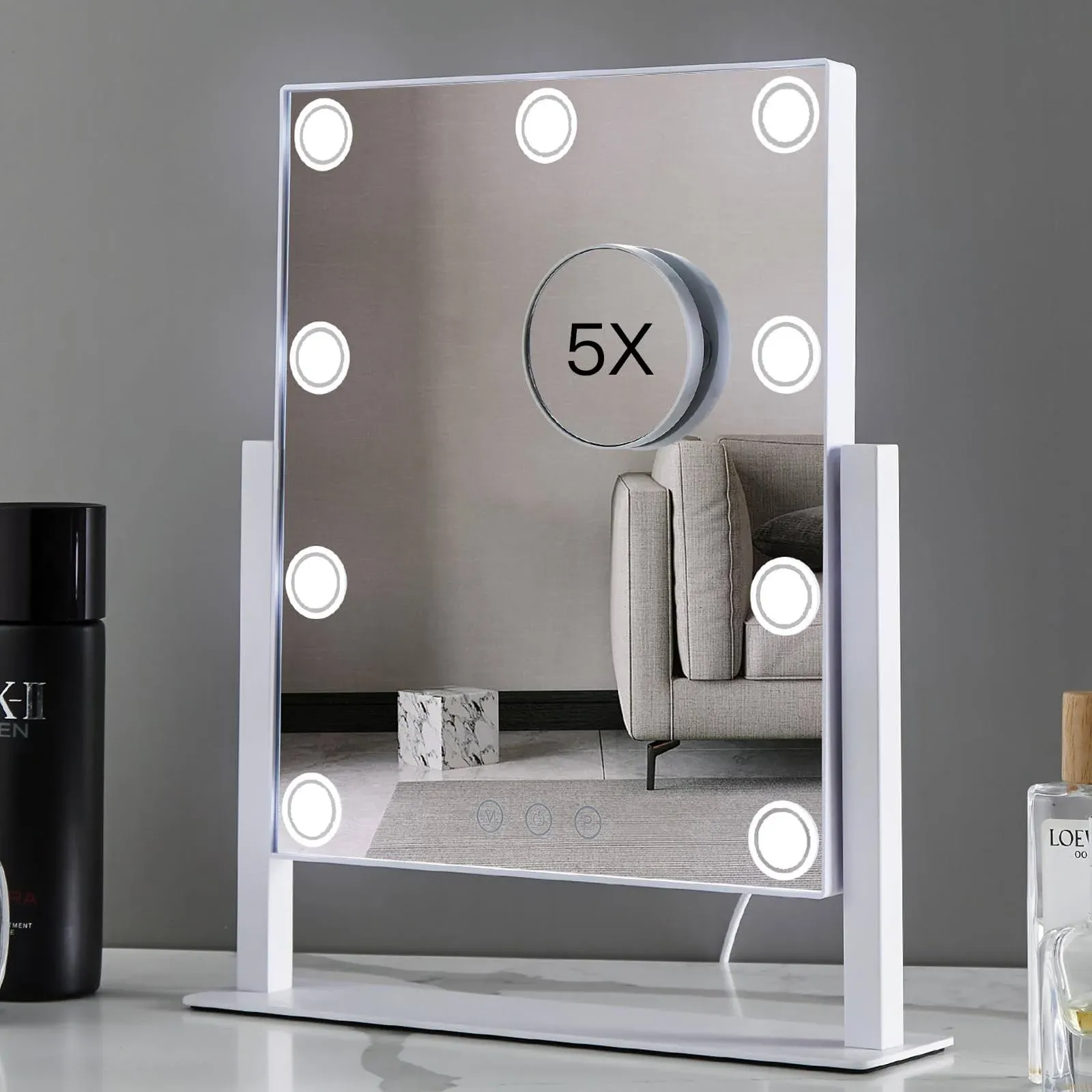 HIEEY Vanity Mirror with Lights, Hollywood Lighted Makeup Mirror with 9 LED Lights, Three Color Lighting Modes, and 5X Magnification Mirror, Smart