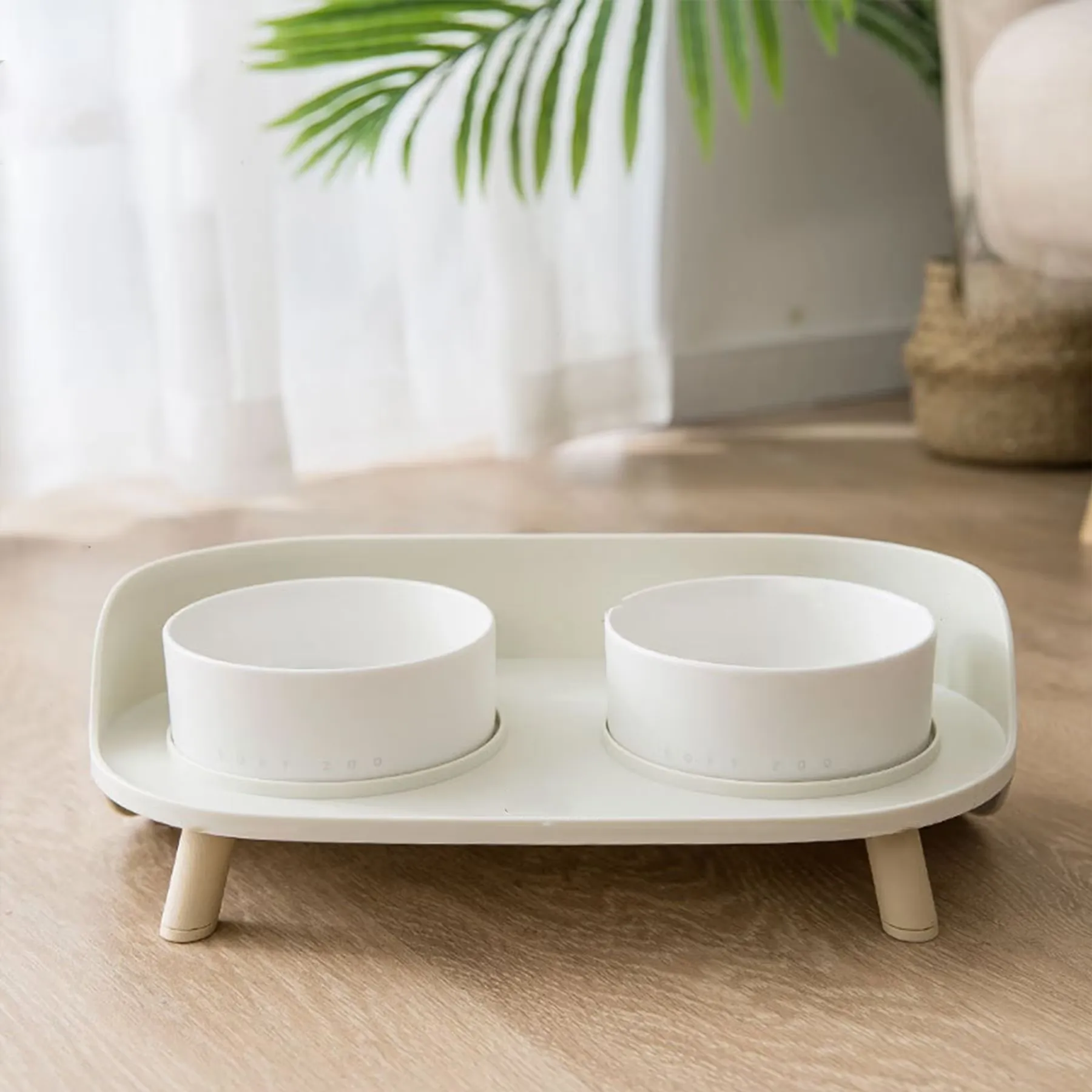 HANAMYA Double Bowl Ceramic Bowl Feeder Set, White