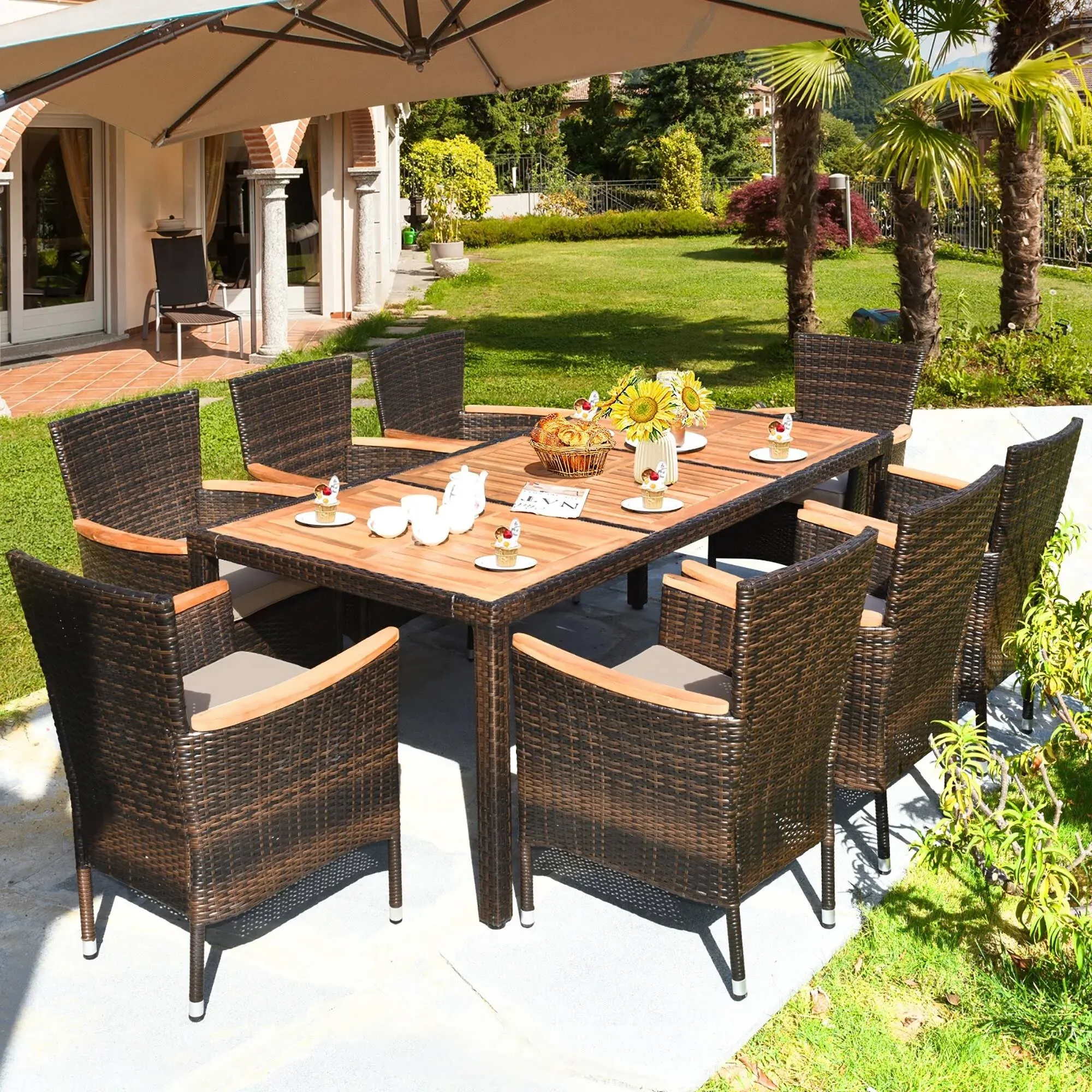 Gymax 9pcs Rattan Patio Dining Set w/ 8 Stackable Cushioned Chairs - See Details ...