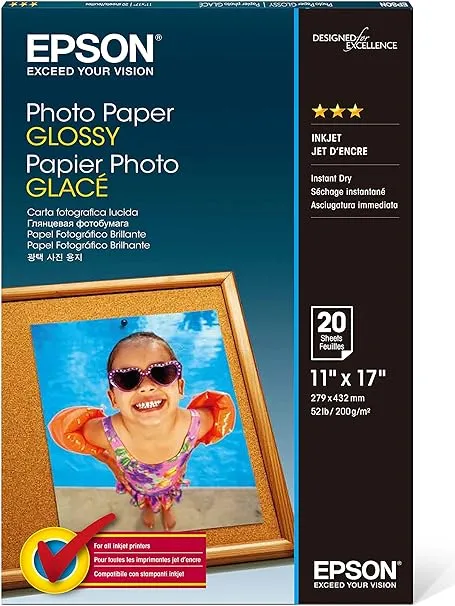 Epson S041156 Glossy Photo Paper, 52 lbs., Glossy, 11 x 17 (Pack of 20 Sheets),White