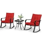 SOLAURA 3-Piece Outdoor Rocking Chairs Bistro Set, Black Iron Patio Furniture with Red Thickened Cushion & Glass-Top Coffee Table