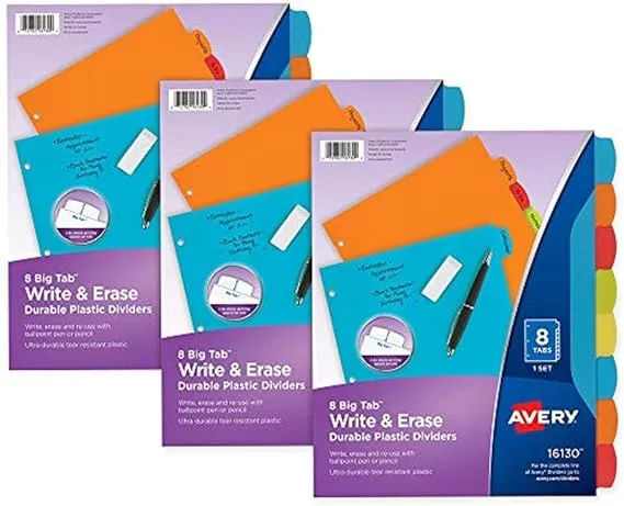 Avery Big Tab Write & Erase Durable Plastic Dividers, 8-Tab Set, Multicolor Brights, 3 Sets (21210)