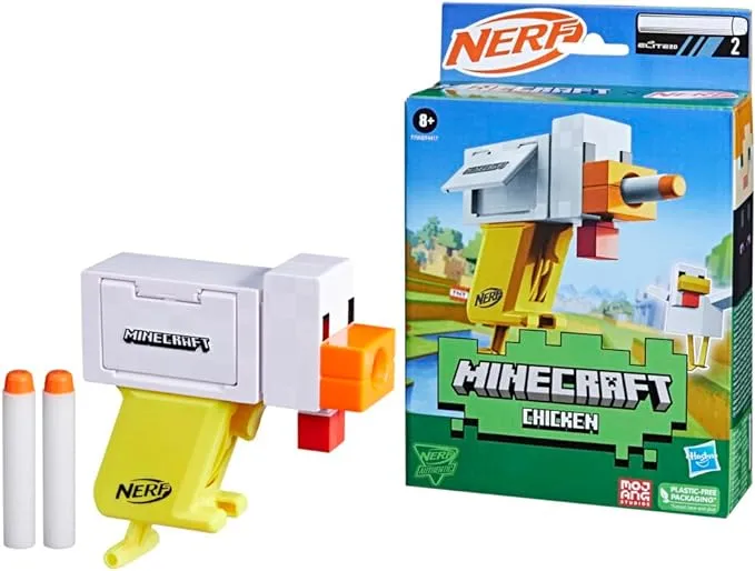 Nerf Microshots Minecraft Chicken Blaster, Includes 2 Nerf Elite Foam Darts