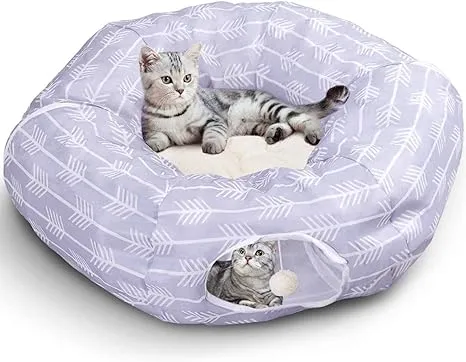 Nobleza Cat Tunnel Bed, Collapsible Washable Cat Tube Tent Toy for Indoor Play Rest, Lightweight Ventilate Cool Kitty Tube Toy Round Donut Tunnel with Detachable Cushion Hanging Balls