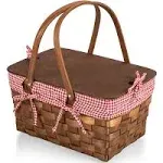 Picnic Time Kansas Red & White Gingham Pattern Handwoven Wood Picnic Basket