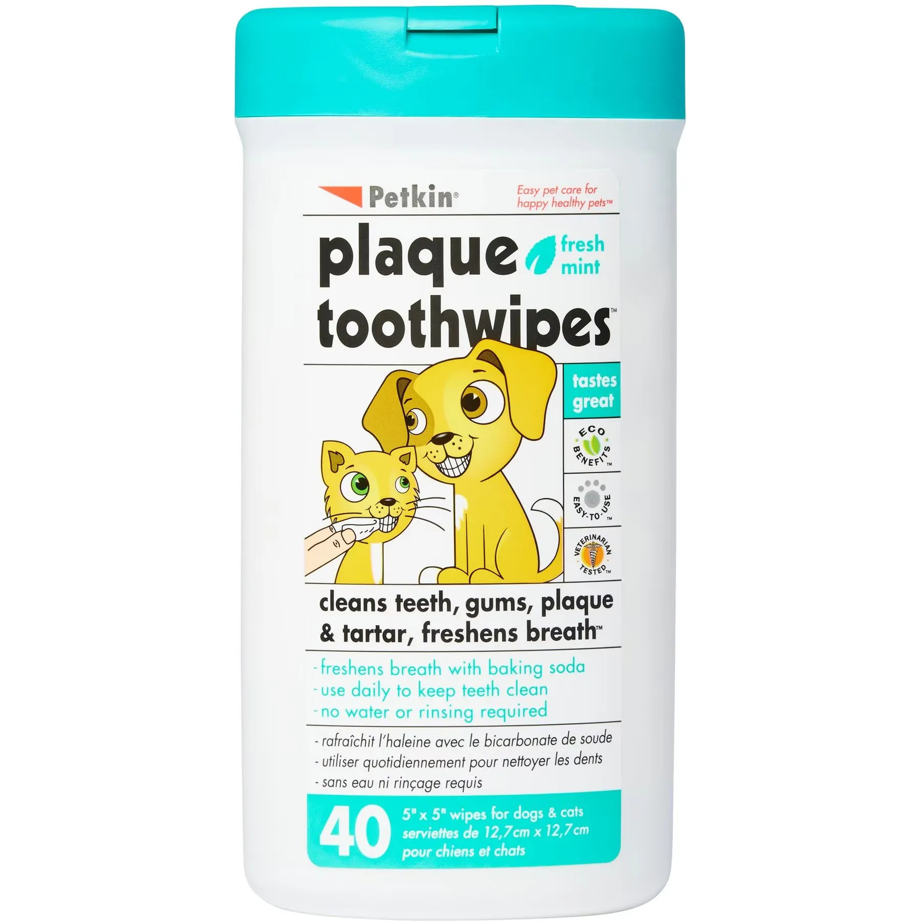 Petkin Plaque Toothwipes Fresh Mint Flavor Dog & Cat Dental Wipes, 40 count