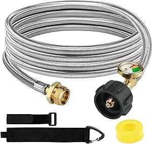 12FT Stainless Braided Propane Adapter Hose with Gauge, Propane Tank Hose Adapter 1lb to 20lb Converter for QCC1/Type1 Coleman Camp Stove, Buddy Heater, Tabletop Grill&More 1lb Portable Appliance