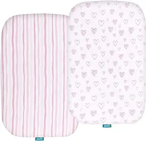 Bassinet Sheets Compatible with BIERUM Baby Bassinet Bedside Sleeper and Mika Micky Bedside Sleeper, (2 Pack), 100% Jersey Knit Cotton Fitted Sheets, Mild Pink Stripes and Hearts Print for Baby Girls