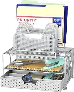 Simple Houseware Mesh Desk Organizer with Sliding Drawer, Double Tray and 5 Stacking Sorter Sections, Silver