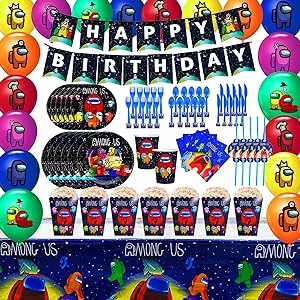 Game Us Party Supplies - Video Game Party Decorations Kids Birthday Party Favors, Banner, Table Covers, Napkins, Cups, Straws, plates, spoon, fork, knives, Popcorn box, Latex Balloons Decoration Birthday Party Favor Pack Set.