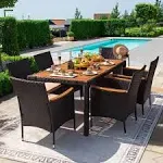 Devoko Dining 7 Pcs Furniture, Patio Conversation Set with Acacia Wood Table Top, Rattan Outdoor, Black