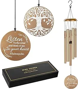 Sympathy Wind Chimes for Loss of Loved One, Memorial Windchimes for Lost Father Mother, Remembrance Bereavement Gift with Card, in Memory of Dad Mom Metal Funeral Decor for Garden Outdoor (39“ Gold)