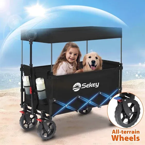 Sekey 330LBS Foldable Wagon Cart with Removable Canopy, 250L Collapsible Wagon Large Capacity Heavy Duty Folding Utility 600D Oxford Cart with All-Terrain Wheels for Garden, Shop, Camp, Beach, Black