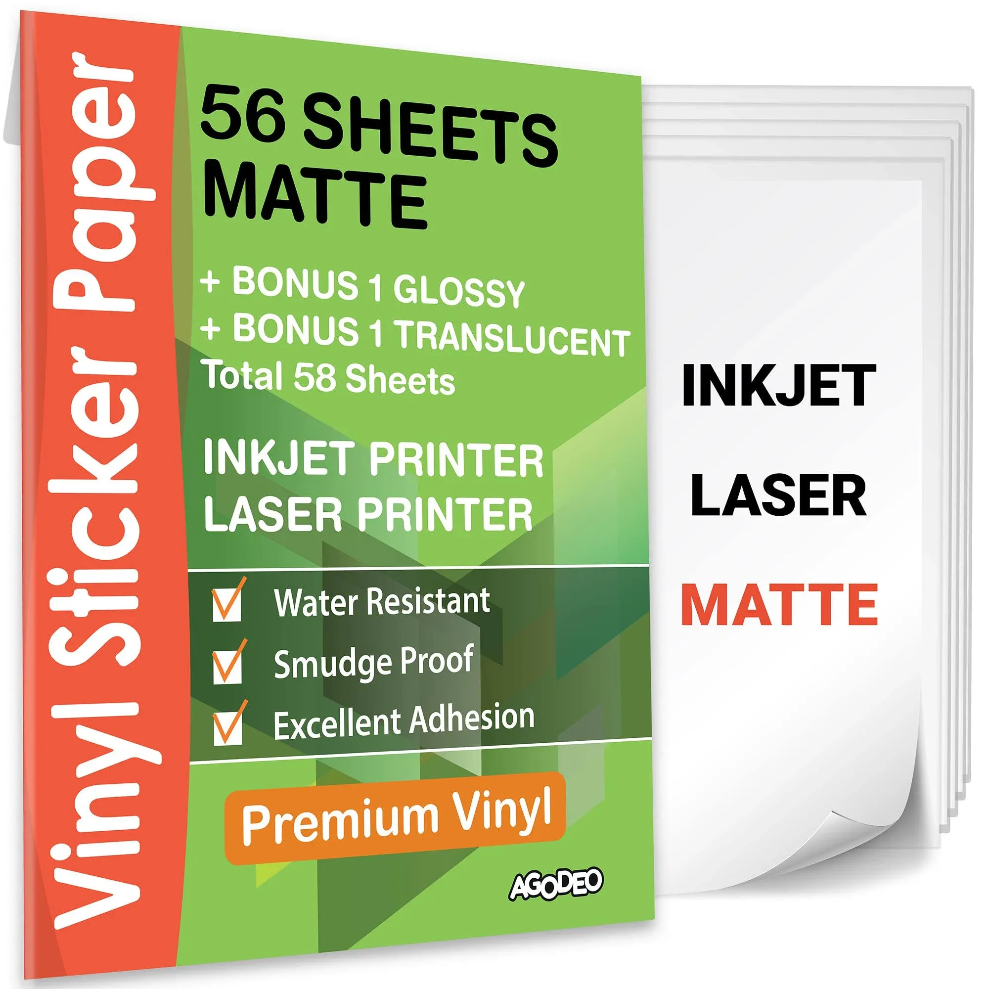 Premium Printable Vinyl Sticker Paper for Inkjet & Laser Printer - 56 Sheets Self-Adhesive Sheets Matte White Waterproof, Dries Quickly Vivid Colors