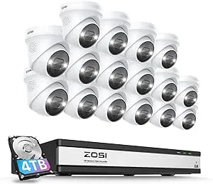 ZOSI 4K 16CH PoE Security Camera System Outdoor with Person Vehicle Detection,16pcs 4K PoE IP Cameras,2 Way Audio,Spotlight & Sound Siren,H.265+ 16Channel 8MP NVR with 4TB HDD for 24/7 Recording