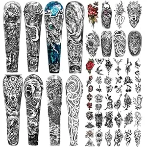 46 Sheets Lion Wolf Full Arm Temporary Tattoo for Women or Men Rose Flower Snake Half Arm Temporary Tattoos for Girls Boys Long Lasting Bird Angel Fake Tattoo for Kids