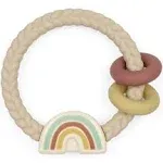 Itzy Ritzy Silicone Teether with Rattle; Rattle Teether Features Rattle Sound, Two Silicone Teething Rings and Raised Texture to Soothe Gums; Ages 3 Months and Up (Neutral Rainbow)