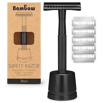 Bambaw Double Edge Safety Razor with 5 Safety Razor Blades, Single Blade Razor for Men with Razor Stand, Double Edge Razor, Safety Razors for Men - Black