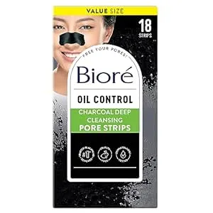 Biore Charcoal, Deep Cleansing Pore Strips, Nose Strips for Blackhead Removal on Oily Skin, with Instant Pore Unclogging, features Natural Charcoal, See 3x Less Oil, 18 Count