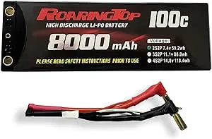 RoaringTop Roaring TOP 2S Lipo Battery 7.4V 8000mAh 100C RC Battery Hard Case Lipo Batteries Pack with 4mm Bullet Wire (Without Plug) for 1/8 1/10 RC Car Model Traxxas Slash Buggy Team Associated