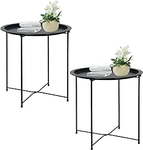 Garden 4 you End Table Set of 2, Outdoor Side Table, Small Patio Table Metal Side Table, Round Folding Side Table, for Outdoor and Living Room,Black