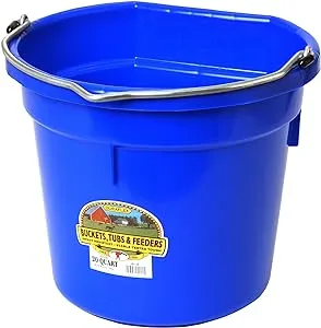 Little Giant® Flat Back Plastic Animal Feed Bucket | Animal Feed Bucket with Metal Handle | Horse Feed & Water Bucket | 20 Quarts | Blue