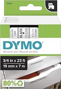 DYMO Standard D1 43610 Labeling Tape (Black Print on Clear Tape, 1/4'' W x 23' L, 1 Cartridge), DYMO Authentic