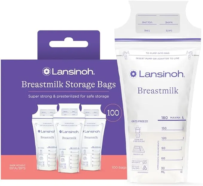 Lansinoh Breastmilk Storage Bags, 100 Count, Baby Essentials, Fast Freeze & Thaw Breast Milk Bags for Baby Bottle Feeding, Superior Strength & Stretch, 6 Ounce