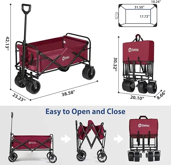 Sekey Heavy Duty Foldable Wagon with 330lbs Weight Capacity, Collapsible Folding Utility Garden Cart Big All-Terrain Beach Wheels & Drink Holders.Red