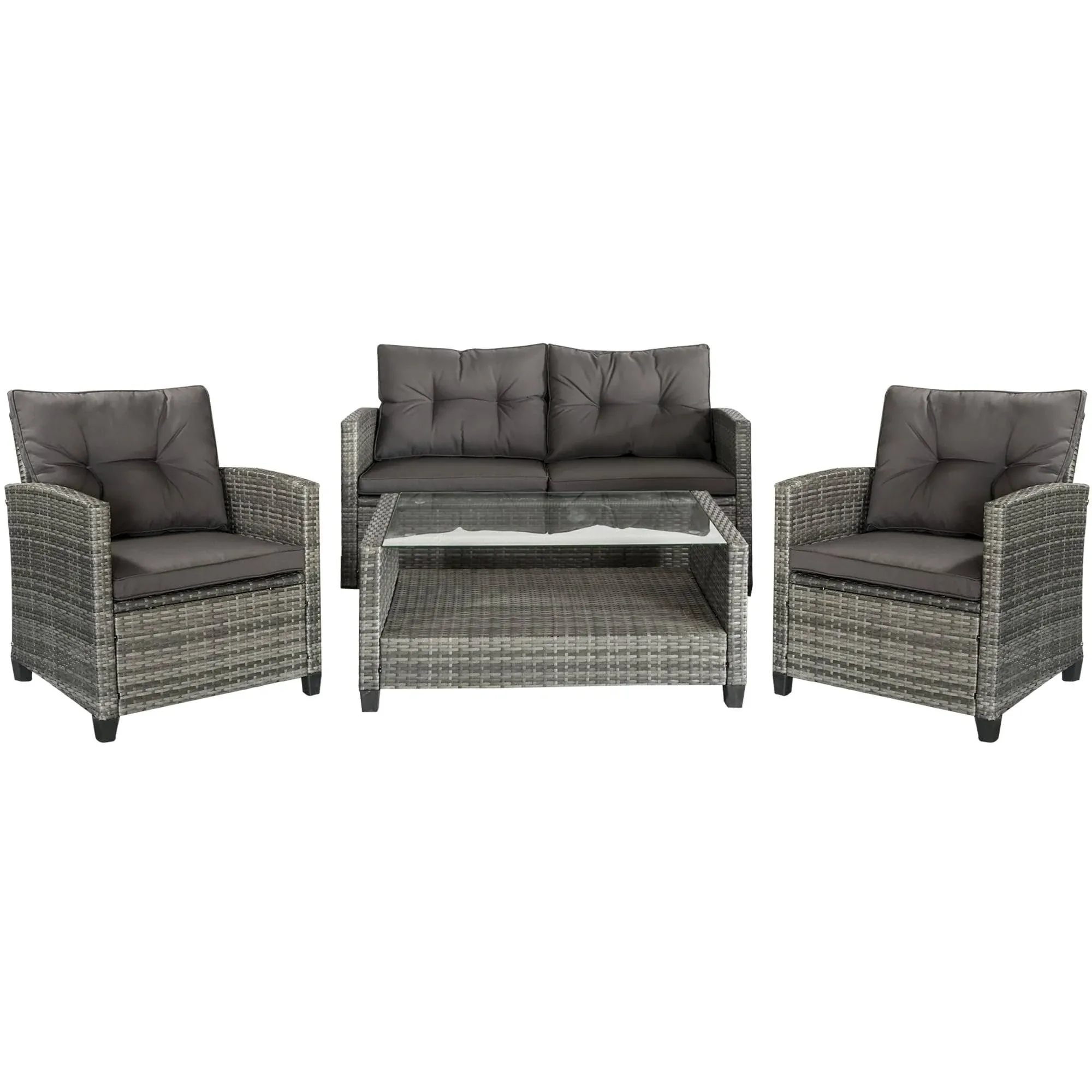 4-piece Outdoor Patio Rattan Furniture Set with 2 Chairs 1 Double Couch &amp; a Coffee Table &amp; Cushions Grey