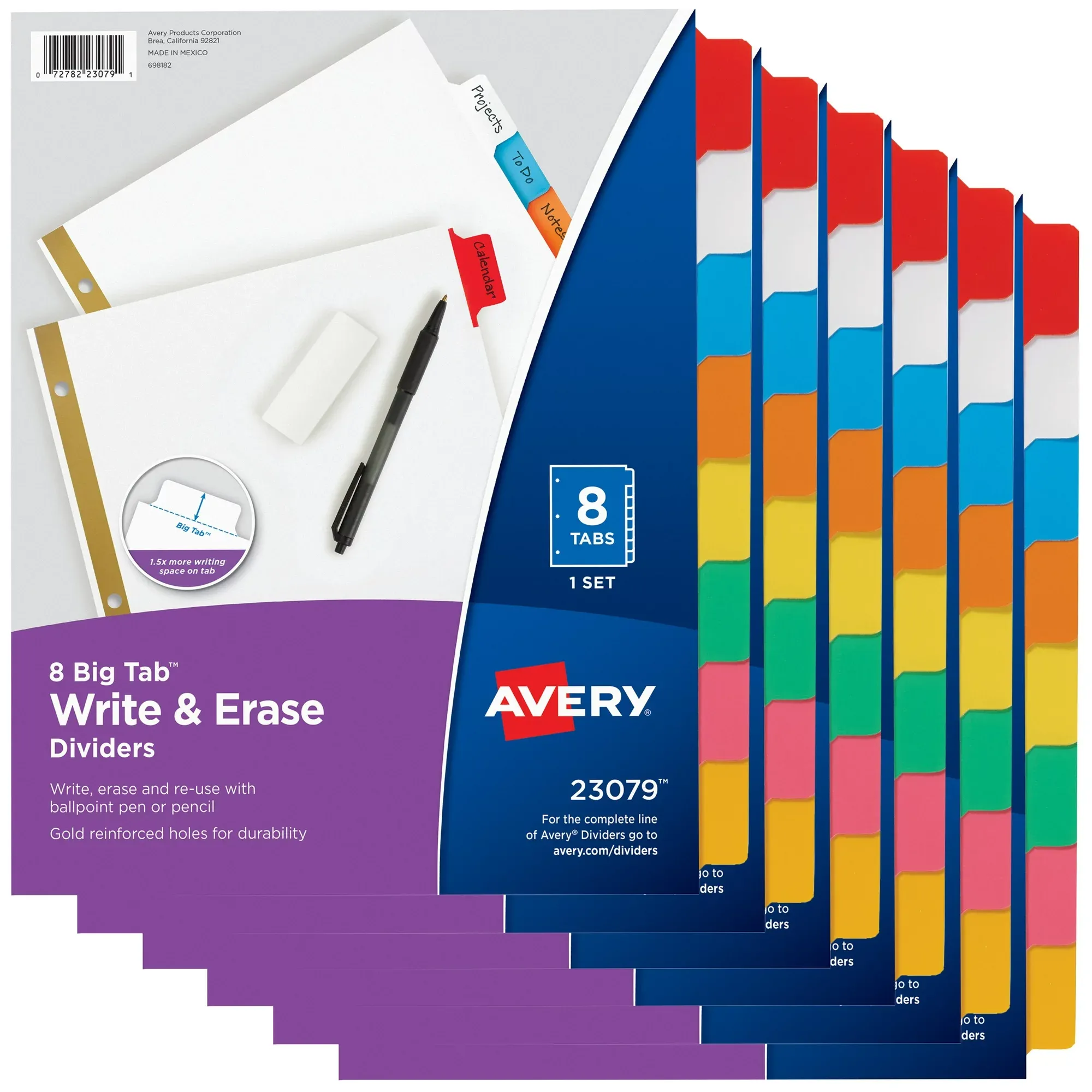 Avery 8-Tab Binder Dividers, Write & Erase Multicolor Big Tabs, 6 Sets (23079)