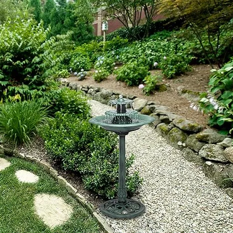 Alpine Corporation - TEC106 Outdoor Floor 3-Tiered Pedestal Water Fountain and Birdbath, Pedestal Waterfall Fountain, 35", Green - Relaxing Water Feature for Garden, Patio, Deck, or Yard