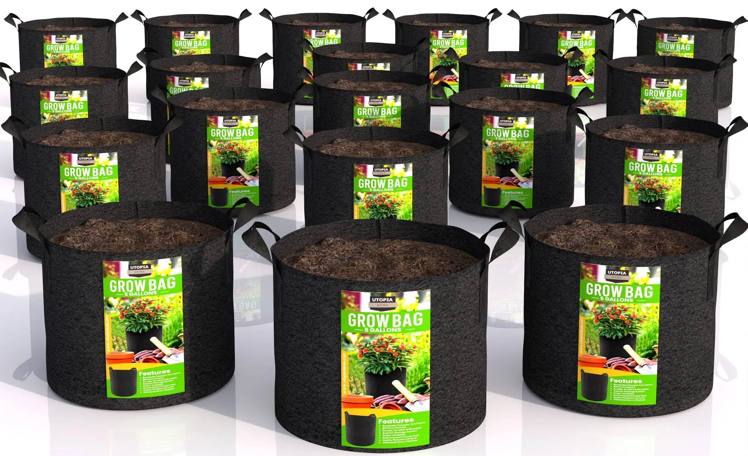 Utopia Home 20 Pack 5 Gallon Grow Bags 300g Thickened Nonwoven Plant Fabric Pots for Outdoor Grow Pots Garden Plant Bags Aer