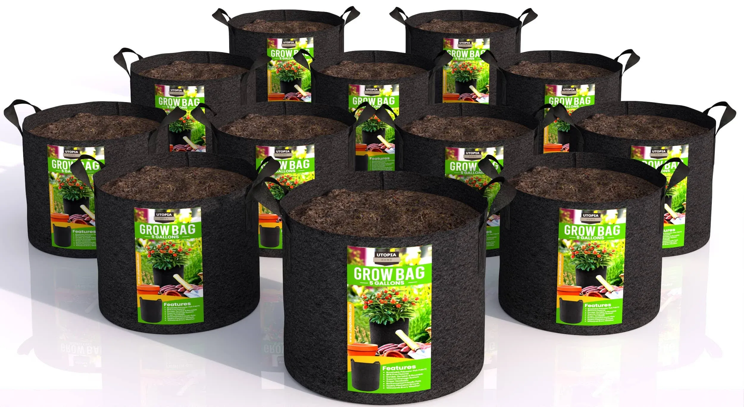 Utopia Home 12 Pack 5 Gallon Grow Bags, 300G Thickened Nonwoven Plant Fabric Pots for Outdoor, Grow Pots, Garden Plant Bags, Aeration Fabric Planter Bags for Fruits, Vegetables and Flowers